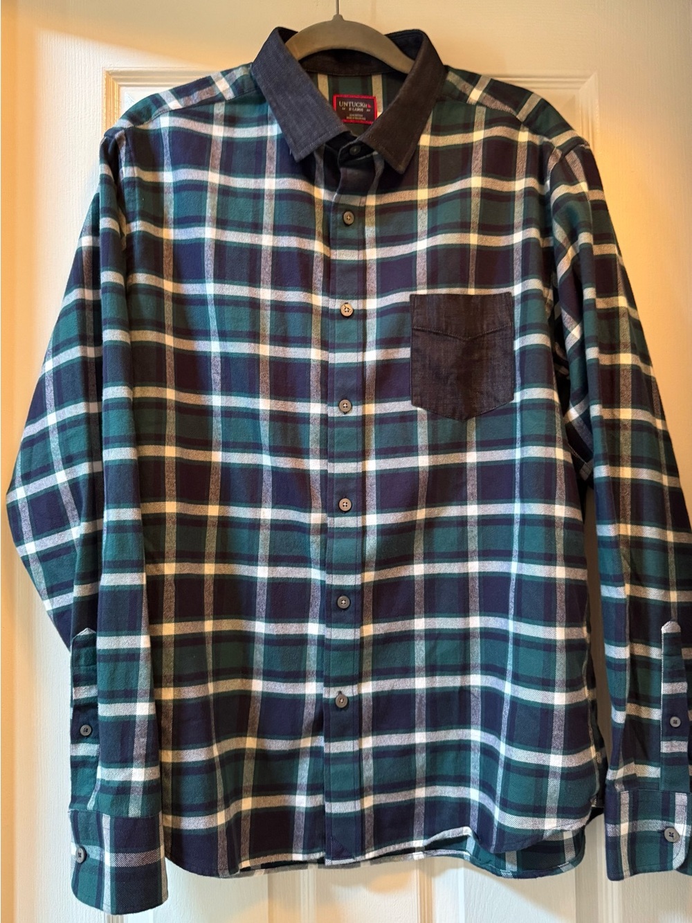 UNTUCKIT Neely Button Down Plaid Flannel Denim Shirt-XL